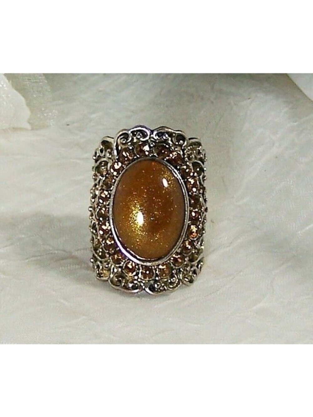 Goldstone Open Back Bezel Set Long Knuckle Ring Filigree Silver Over Copper Sz 6